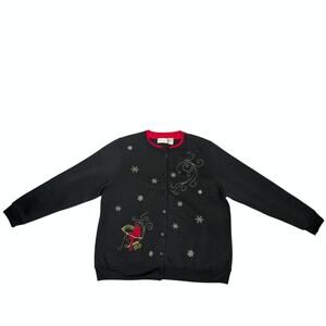 Shenanigans Vintage Fleece Cardigan Sweater XL Black Cardinal Winter Snowflake